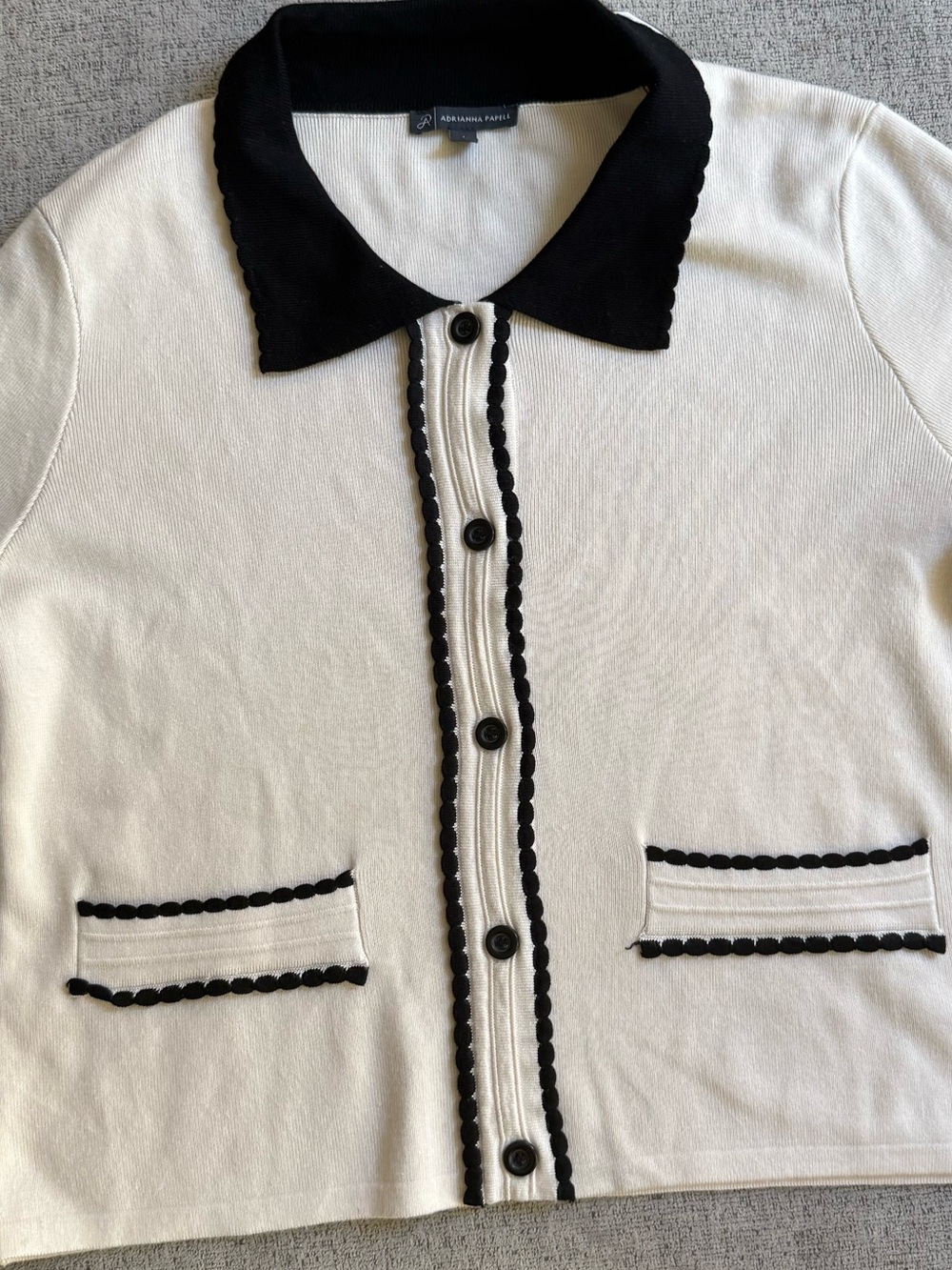 Woman’s Adrianna Papell Cream Short-Sleeve Button Cardigan with Black Trim